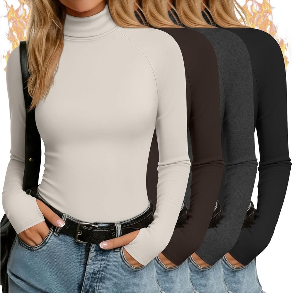 4 Pack Women's Thermal Turtleneck Shirts Long Sleeve Slim Fit With Thumb Holes